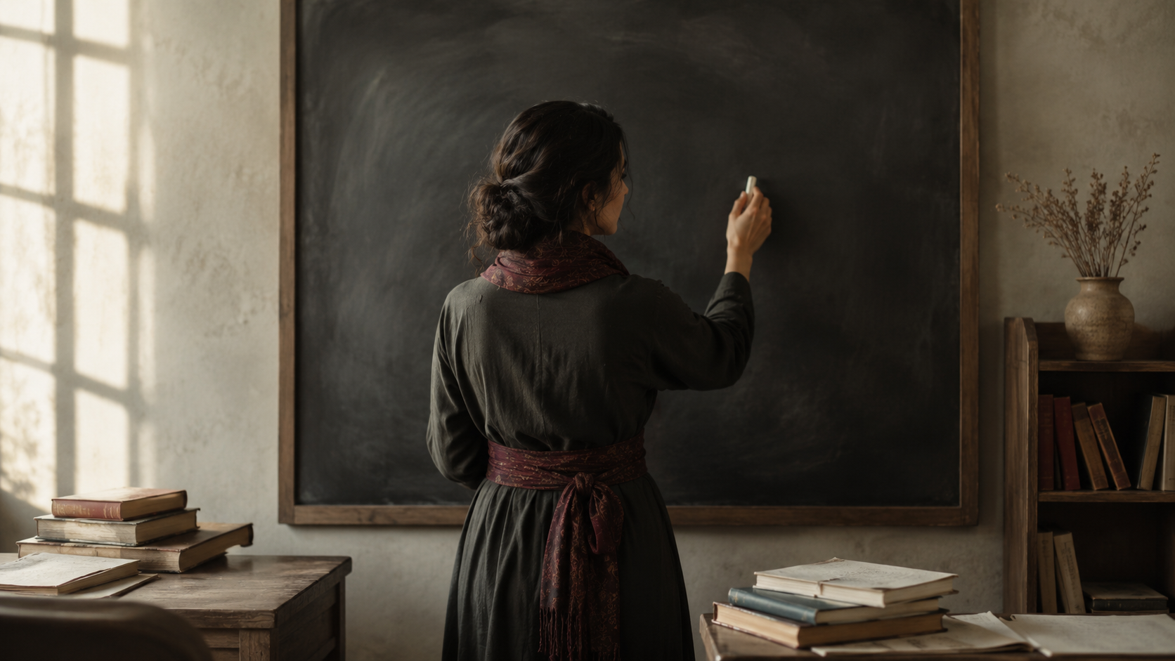 A Kurdish woman teaching her mother tongue in a classroom