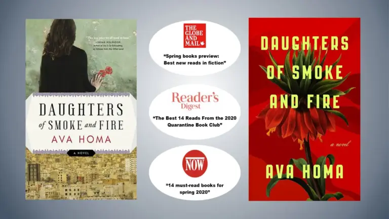 Two covers of Daughters of Smoke and Fire alongside review accolades