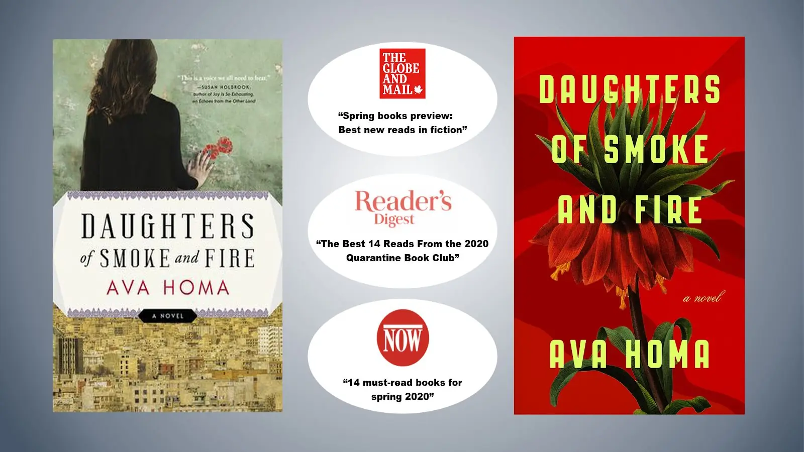 Two covers of Daughters of Smoke and Fire alongside review accolades