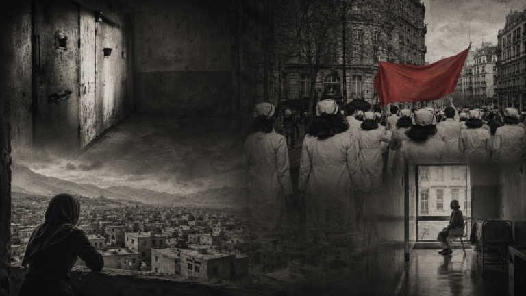 Documentary-style collage depicting solitary confinement, Sanandaj, pandemic quarantine and nurses’ protests